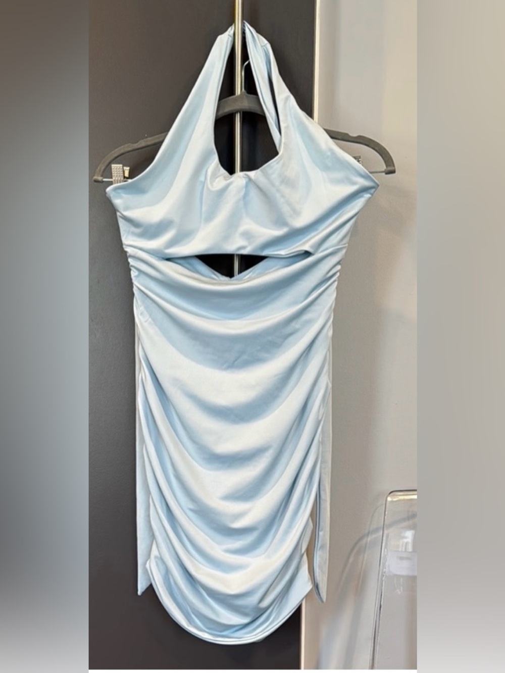 Light Blue Ruched Halter Bodycon Dress Open Back Mini Dress Size L